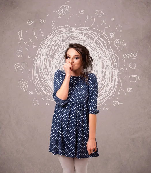 Bella ragazza con astratte linee circolari scarabocchiare e icone — Foto Stock