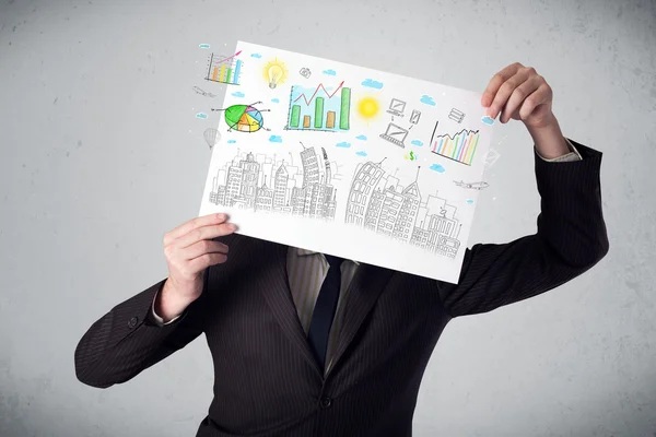 Zakenman met een papier met grafieken en stadsgezicht in front o — Stockfoto