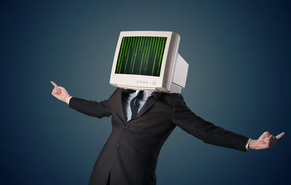 Cyber human with a monitor screen and computer code on the displ — Stock Photo, Image