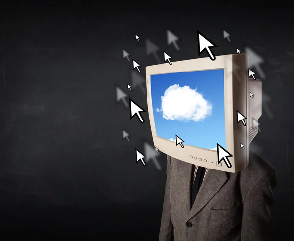 Uomo d'affari con un monitor in testa, sistema cloud e punta — Foto Stock