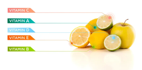 Zdravé ovoce s barevnými symboly vitamínů a ikonami — Stock fotografie