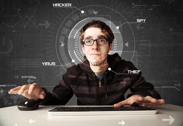 Young hacker in futuristic enviroment hacking personal informati — Stock Photo, Image