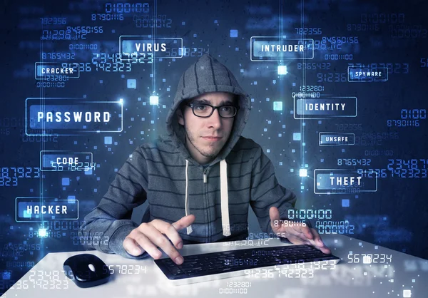 Hacker programing in technology enviroment with cyber icons — Stock Photo, Image