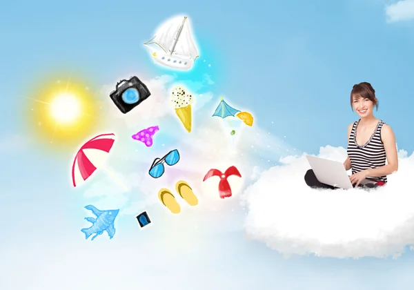 Young businessman sitting in cloud with laptop — Stock Photo, Image