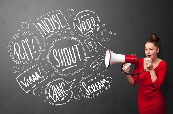 Girl yelling into megaphone and hand drawn speech bubbles come o — Stock Photo, Image