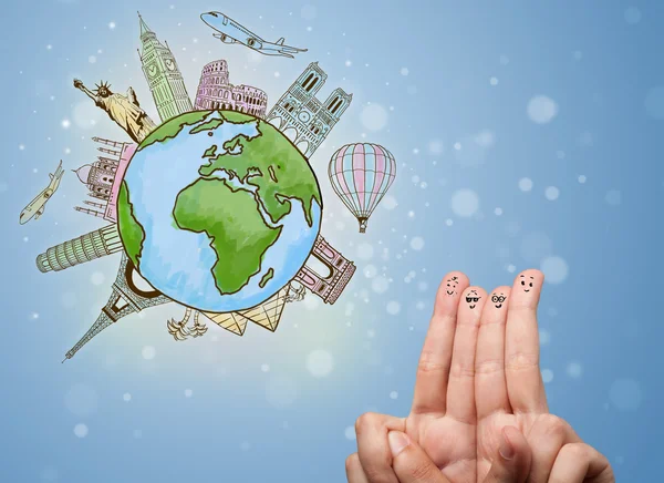 Sorrisos alegres do dedo com marcos famosos do globo — Fotografia de Stock