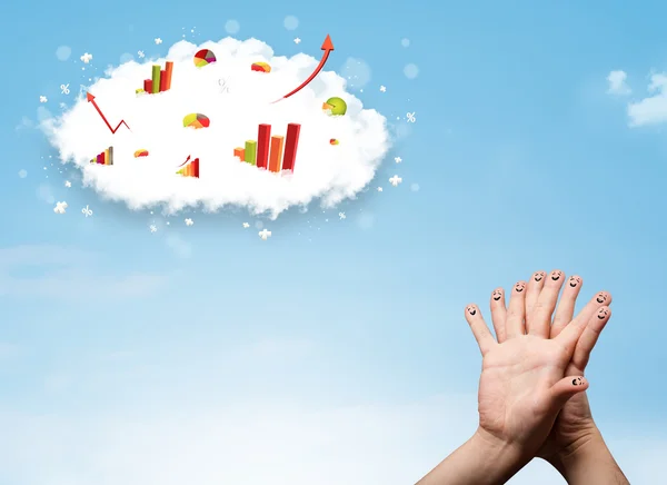 Happy finger smiley with graph cloud icons in the sky — Stock Photo, Image