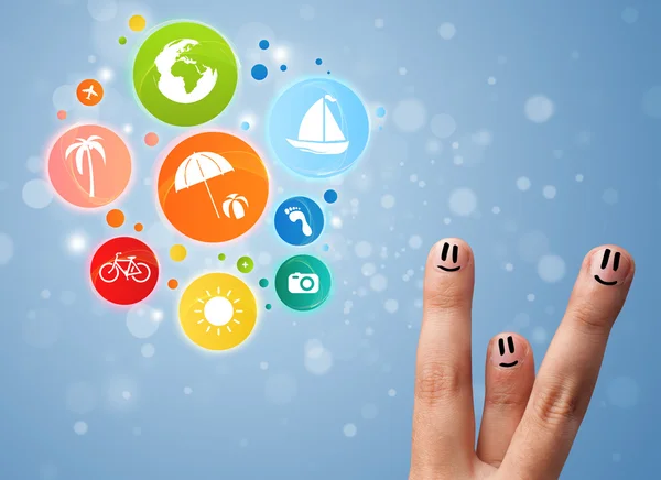 Veselá prst smajlíky s barevné prázdninové cestování bublina ikonu — Stock fotografie