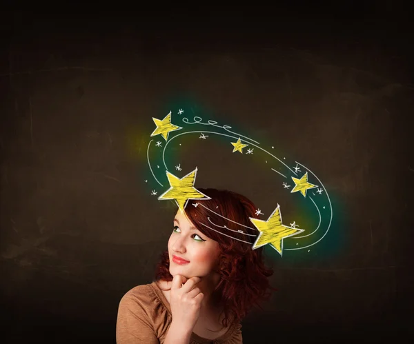 Girl with yellow stars circleing around her head illustration — Stock Photo, Image