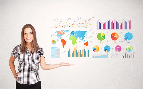 रंगीत ग्राफ आणि चार्ट व्यवसाय स्त्री — स्टॉक फोटो, इमेज