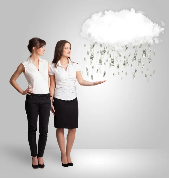 Woman with cloud and money rain concept — Stock Photo, Image