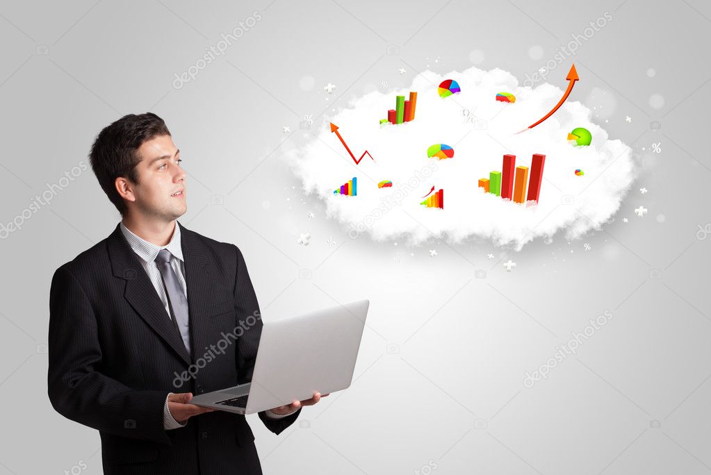 Young man presenting cloud with graphs and charts