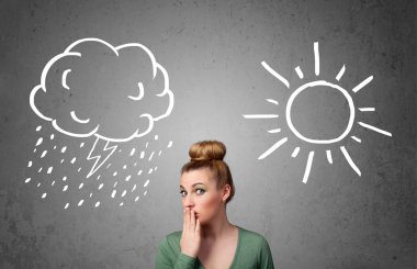 bir güneş ve yağmur çizme arasında duran kadın