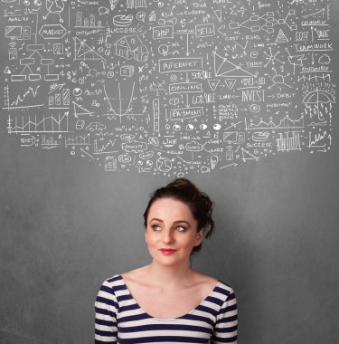 genç kadın başının üstünde kabataslak çizelgeleri ile el hareketi