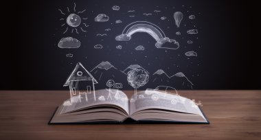 Elle çizilmiş peyzaj ile açık kitap 