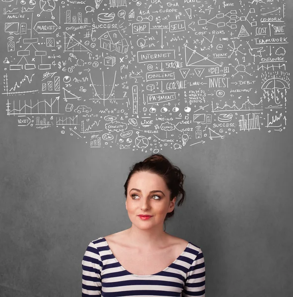 Young woman gesturing with sketched charts above her head — Stock Photo, Image