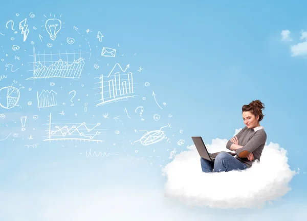 Young woman sitting in cloud with laptop — Stock Photo, Image