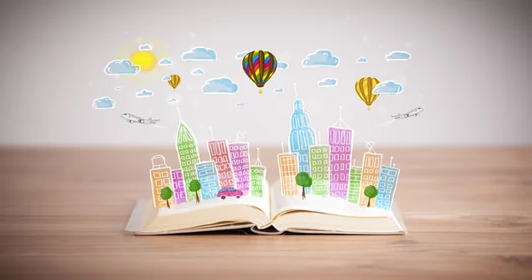 Dessin paysage urbain sur livre ouvert — Photo