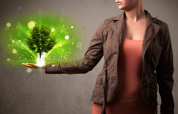 Leuchtender Baum wächst in der Hand einer Frau — Stockfoto