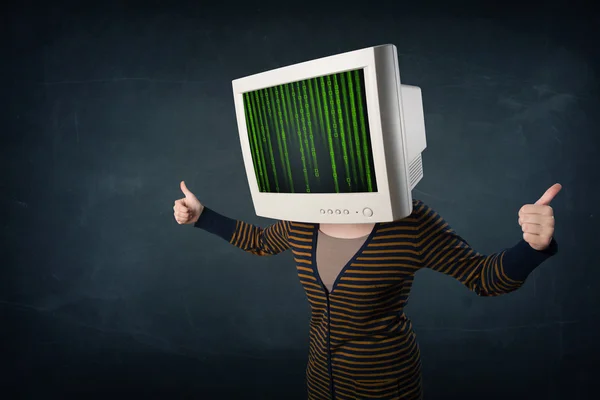 Cyber emberi egy idegen rádióadást figyel képernyő és a számítógép kódját a Megjelenítés — Stock Fotó