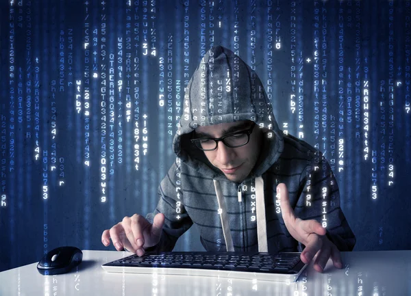 Hacker decoding information from futuristic network technology — Stock Photo, Image