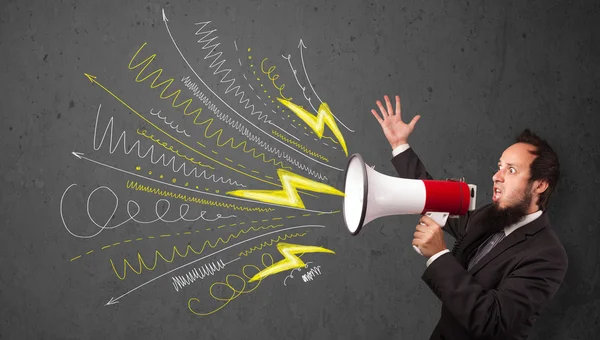 Leader guy shouting into megaphone with hand drawn lines and arr — Stock Photo, Image