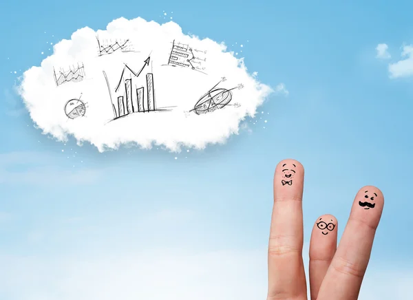 Happy smiley fingers looking at cloud with hand drawn charts — Stock Photo, Image