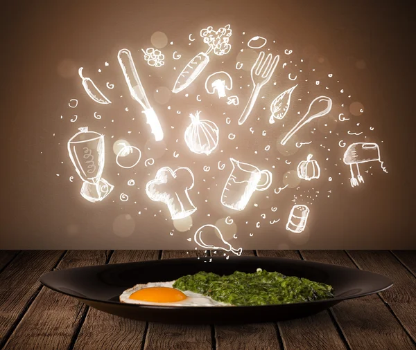 Assiette de nourriture avec des icônes de cuisine blanche — Photo