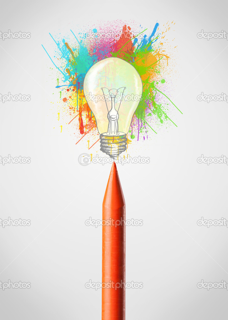 Crayon close-up with colored paint splashes and lightbulb