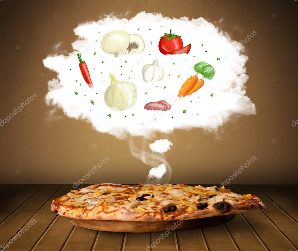 Pizza with vegetable ingredients illustration in cloud