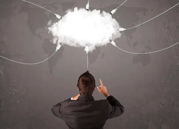 Young man looking at cloud transfer world service — Stock Photo, Image