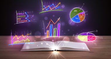 Parlak grafik çizimleriyle ahşap güvertede kitap