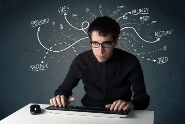 Beyaz çizgili düşünceleri olan genç bir hacker.