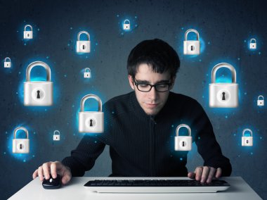 sanal kilit simgeleri ve simge ile genç hacker