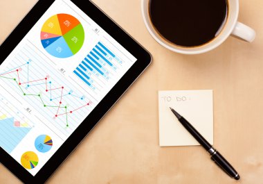 Tablet bilgisayarı ekranda çizelgeleri ve masada bir fincan kahveyi gösteriyor.