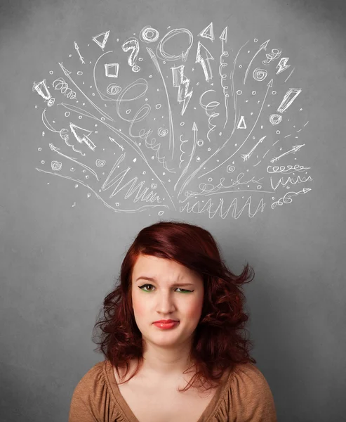 Young woman thinking with sketched arrows above her head — Stock Photo, Image