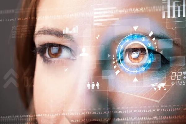 Zukünftige Frau mit Cyber-Technologie Eye Panel-Konzept — Stockfoto