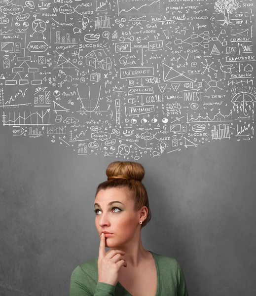 Young woman gesturing with sketched charts above her head — Stock Photo, Image