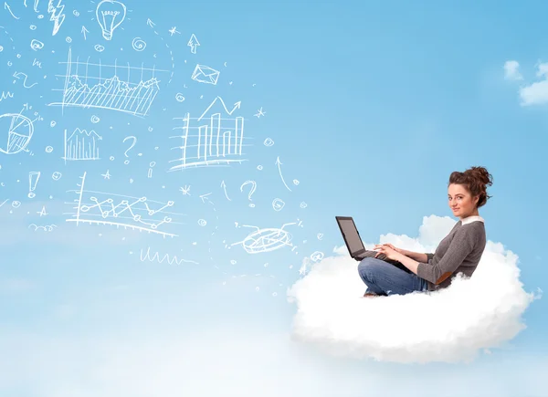 Young woman sitting in cloud with laptop — Stock Photo, Image