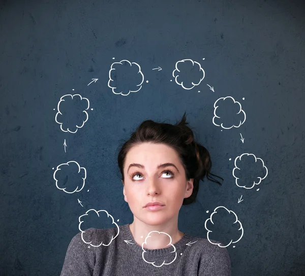 Young woman thinking with cloud circulation around her head — Stock Photo, Image