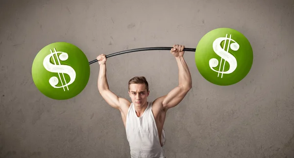Muskulös man lyfta gröna dollartecken vikter — Stockfoto