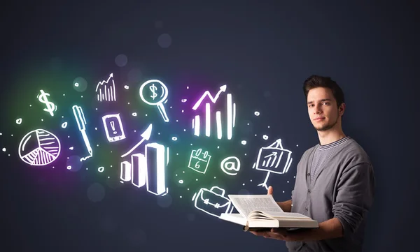 Joven leyendo un libro con iconos de negocios — Foto de Stock