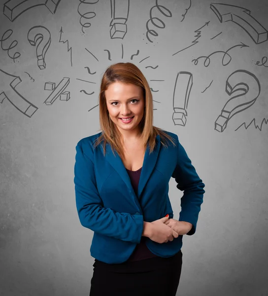 Cute young girl with question sign doodles — Stock Photo, Image