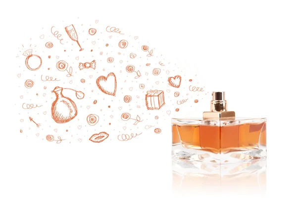 Sketches coming out from beautiful perfume bottle — Stock Photo, Image