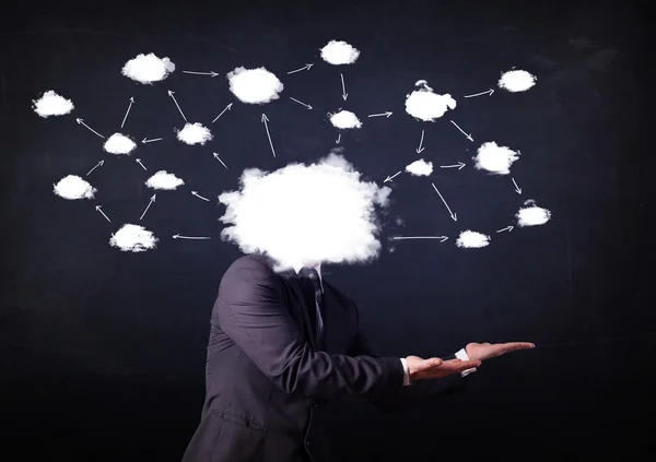 Business man with cloud network head — Stock Photo, Image