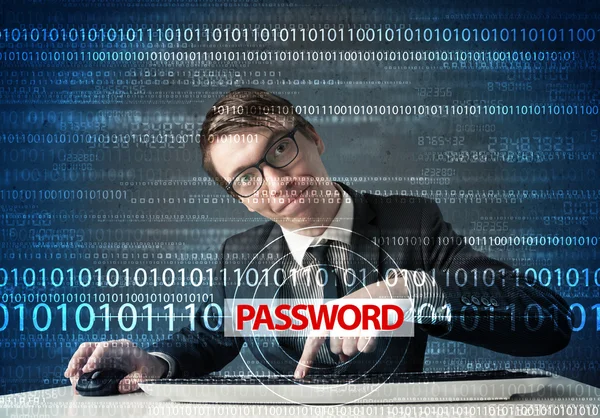 Young geek hacker stealing password — Stock Photo, Image