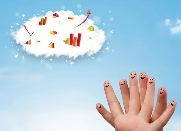 Vrolijke vinger smiley met grafiek wolk pictogrammen in de lucht — Stockfoto