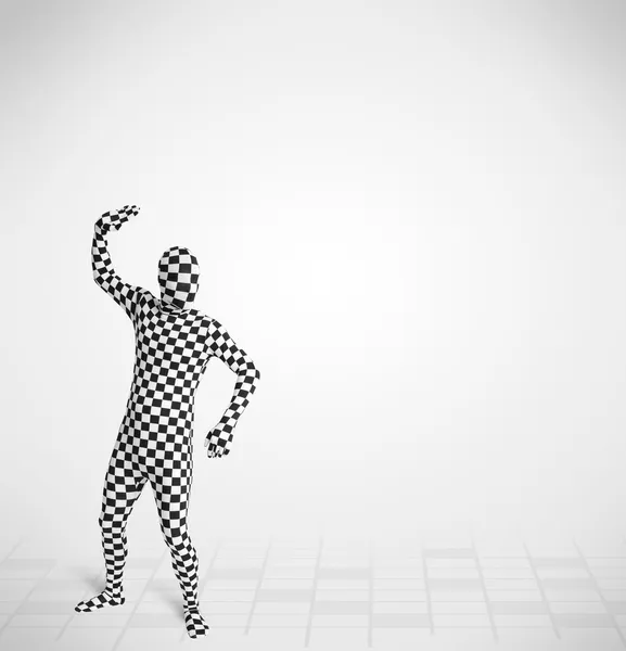 Funny guy in morphsuit body suit looking at copy space — Stock Photo, Image