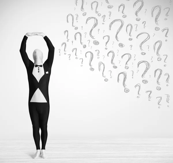 3d human character is body suit looking at hand drawn question m — Stock Photo, Image