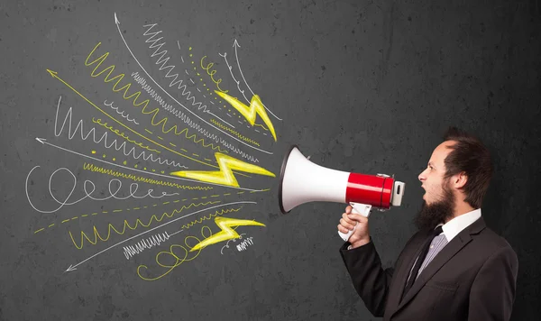 Leader guy shouting into megaphone with hand drawn lines and arr — Stock Photo, Image